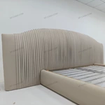 Light Beige Leather Upholstered Bed with Vertical Pleated Headboard & Gold Stainless Steel Ball Studs